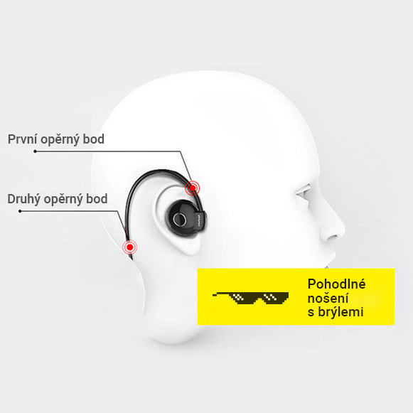 Bezdratova Bluetooth sluchatka za uši na běhání a sport se slunečními nebo optickými brýlemi.